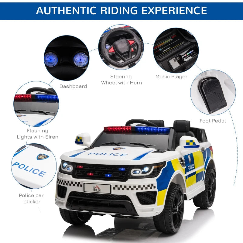 12V Kids Electric Ride On Police with Parental Remote Control, Siren, Flashing Lights and USB - White