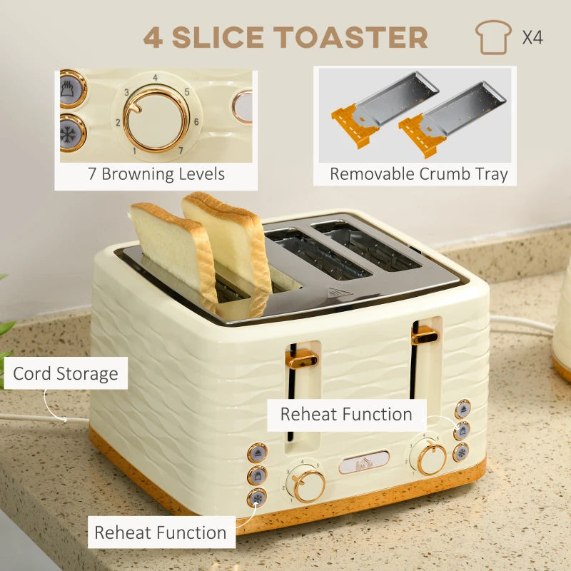 Kettle (1.7L) and Toaster Set with 7 Browning Controls and Crumb Tray (4 Slice) - Beige / Gold