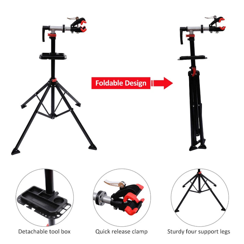 Adjustable Folding Bike Repair Stand for Repair, Maintenance or Display with Tool Tray