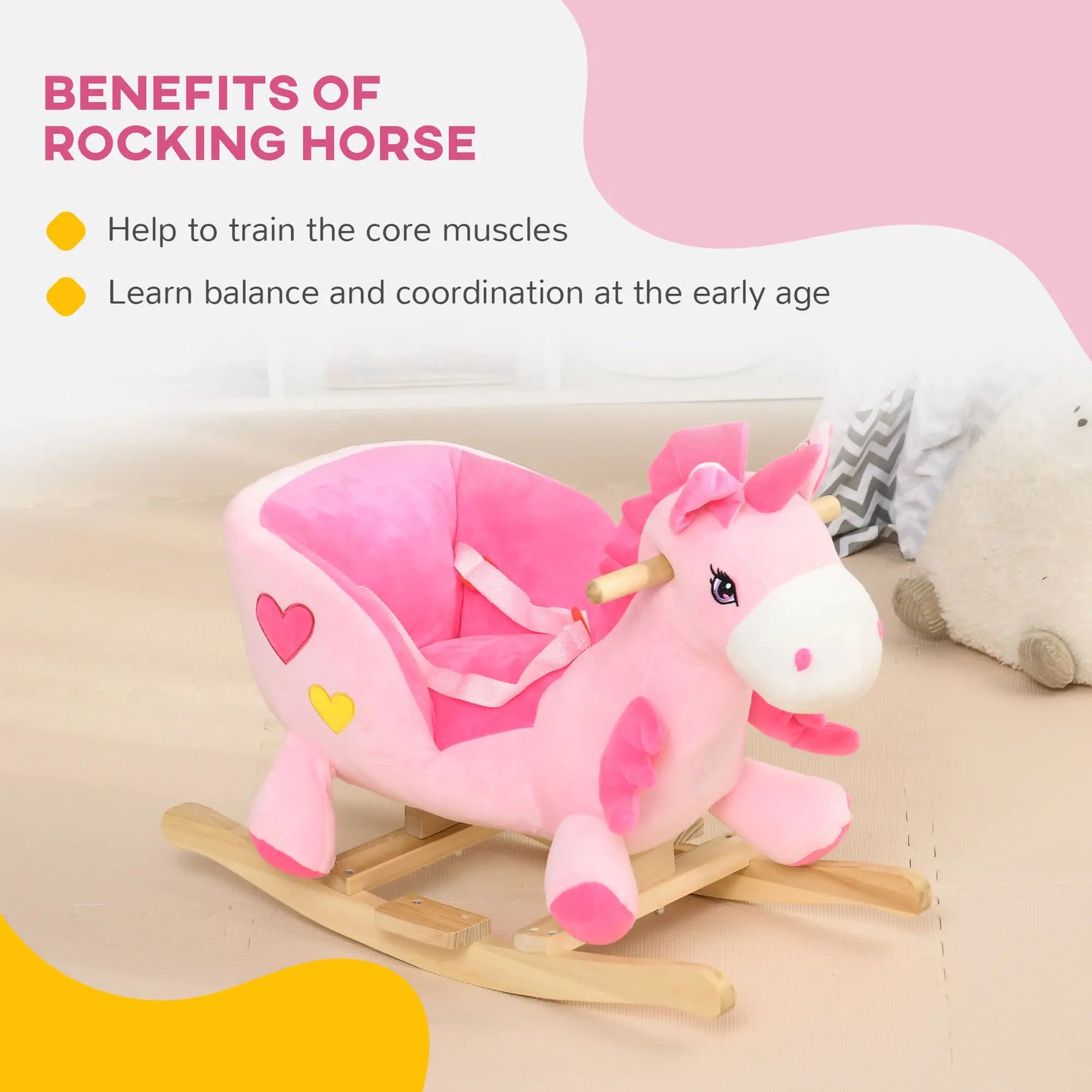 Pink Unicorn Style Ride on Rocking Horse with Safety Belt and Wooden Base