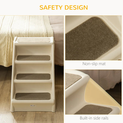 4-Step Foldable Pet Stairs with Plastic Surrounding and Anti Slip Carpeting - Beige