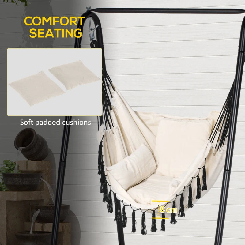 Hammock Swing Seat Chair with White Cushion with Contrast Tassels