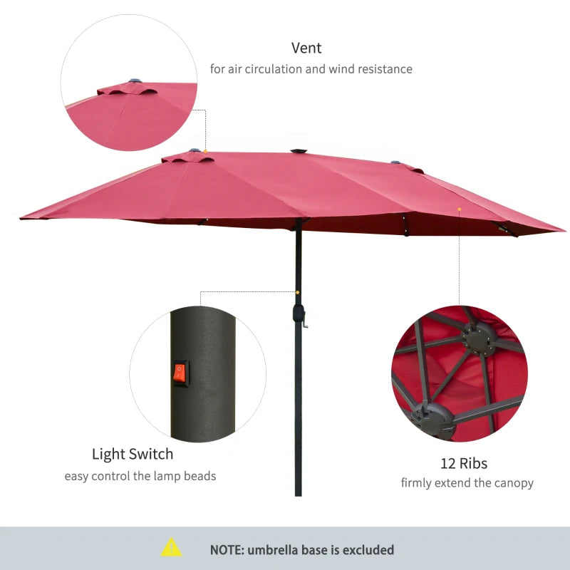 LED - Double Sided Parasol Sun Umbrella - Solar Lights - (4.4m) - (Base Not Included) - Wine Red