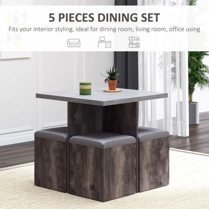 5Pc Space Saving Design Dining Set with 4 Storage Stool Seats + 1 Table