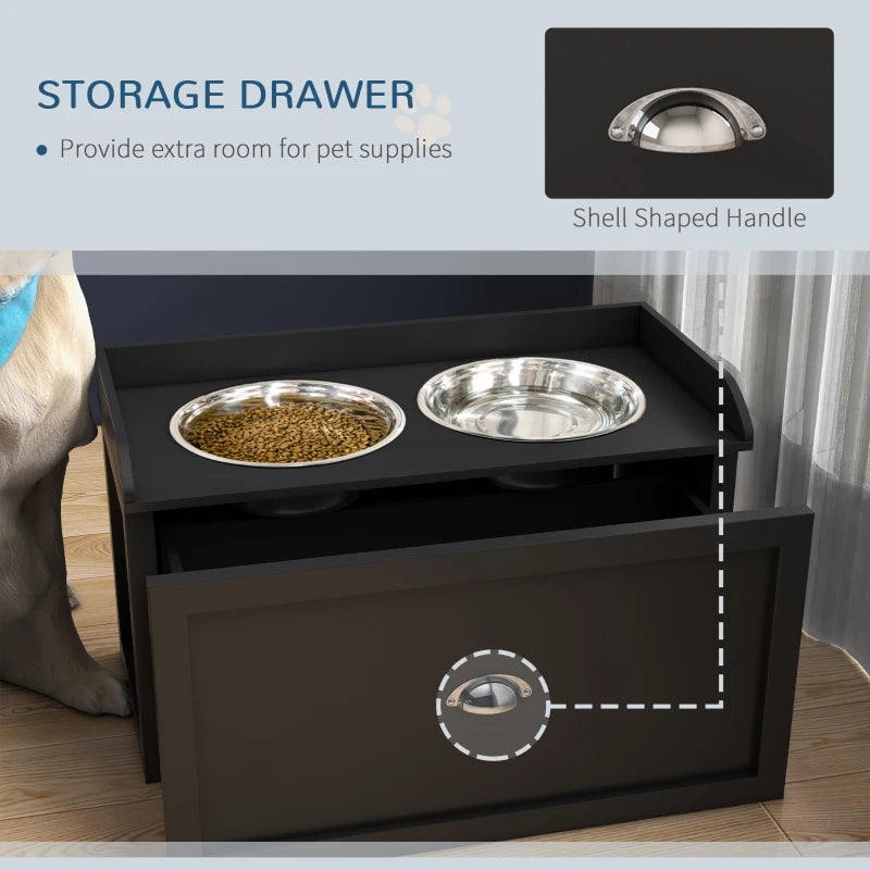 Raised Dog Feeder with 2 Stainless Steel Bowls & 21L Storage Drawer - Black