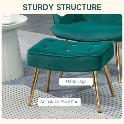 Velvet Wingback Modern Armchair with Footstool Chair with Steel Legs - Emerald