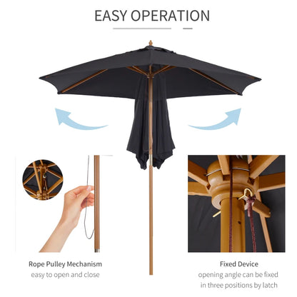 2.5m - Wooden Garden Parasol Outdoor Canopy Sun Shade for Patio - Slate Grey