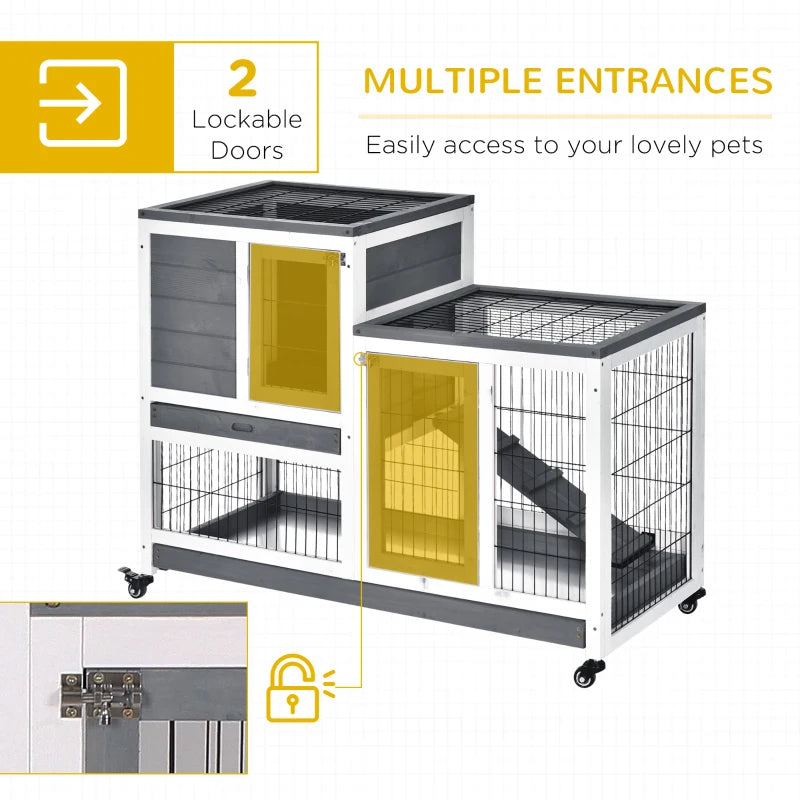 2-Tier - Wooden Rabbit Hutch on Wheels with Enclosed Run - Grey