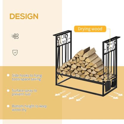 Vintage Style Scroll Work Pattern Steel Firewood Log Holder with 4 Tools Included