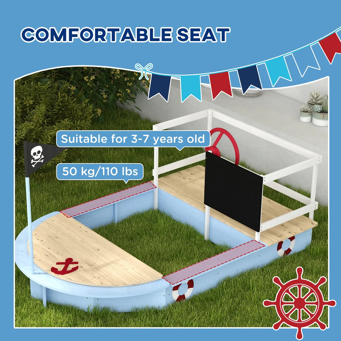 Pirate Ship Shaped Sandbox / Sandpit Kids Play area - Blue