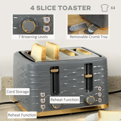 Kettle (1.7L) and Toaster Set with 7 Browning Controls and Crumb Tray (4 Slice) - Grey / Gold