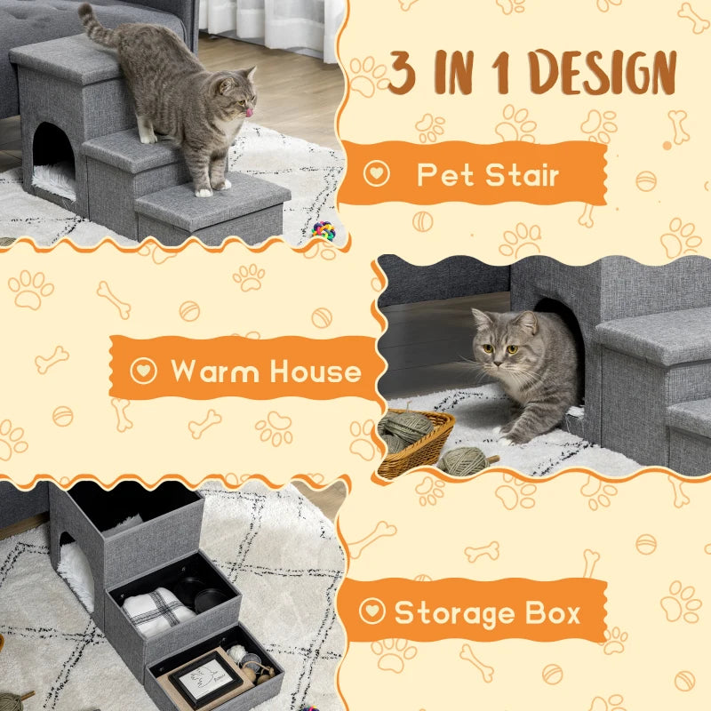 3-Step Pet Stairs for Miniature Dogs or Cats with Hidden Storage Compartments and Built in House