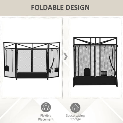 3-Panel Folding Fire Guard Screen / Spark Guard with Tool Set and Front Doors