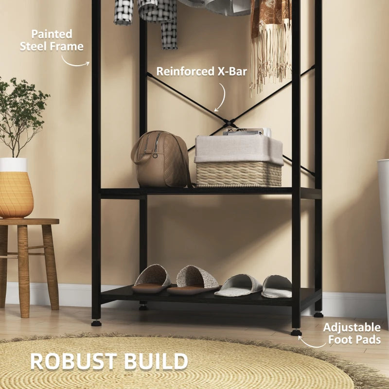 Slimline Steel Frame Coat Rack with Hanger Rail and 2-Tier Shoe Shelving