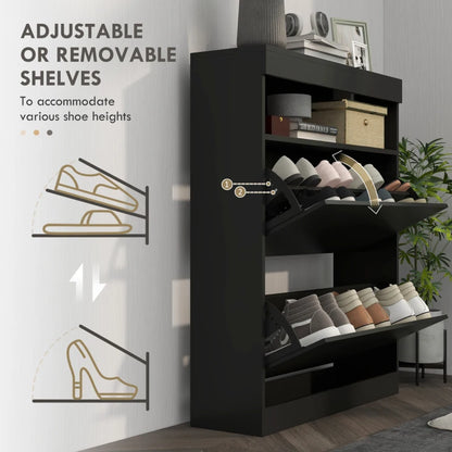 (16 Pair) Freestanding or Wall Mounted Shoe Storage Organiser with Open Style Shelf - Black