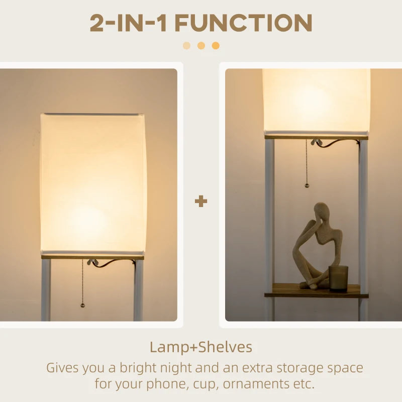 3-Tier Storage Floor Lamp Tall with Fabric Lampshade and Pull Chain Switch