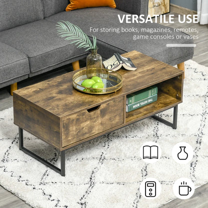 Rustic Style Coffee Table with Storage Shelf, Drawer and Metal Frame