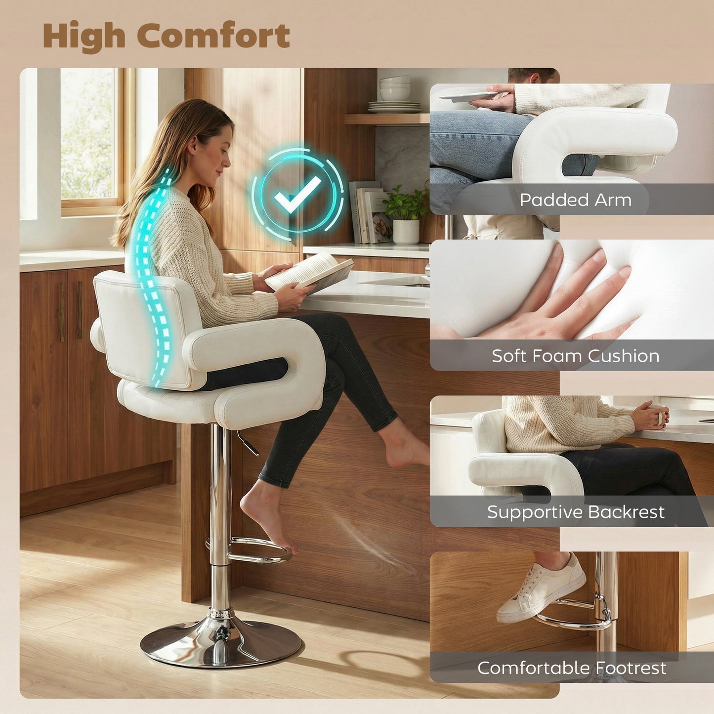 Bar Stools Adjustable Swivel Kitchen Chairs with Backrest Armrest Set of 2 PU Leather White