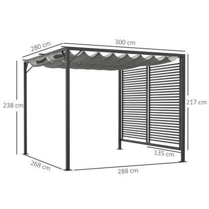 3 x 2.8m Metal Pergola, with Retractable Fabric Roof - Grey