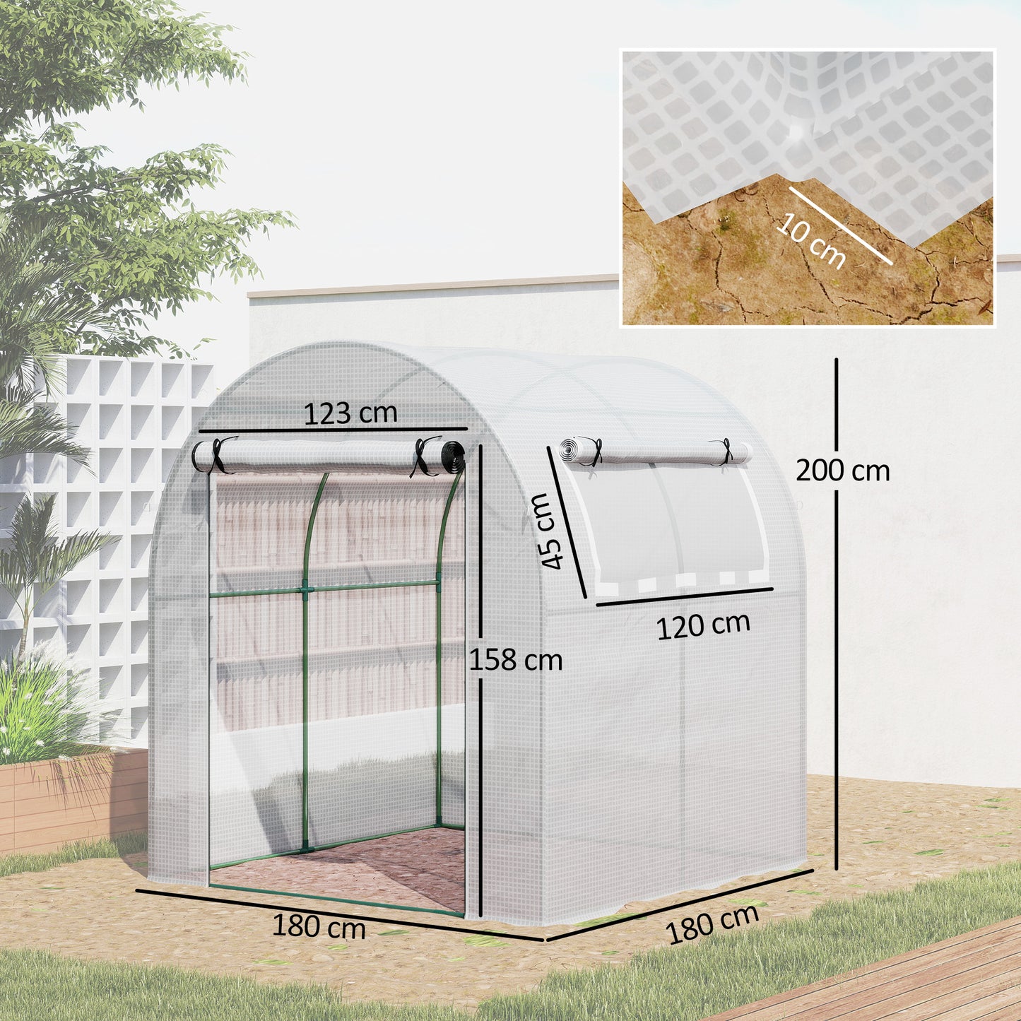 Walk in Polytunnel Greenhouse, Green House for Garden with Roll-up Window and Door, 1.8 x 1.8 x 2 m, White