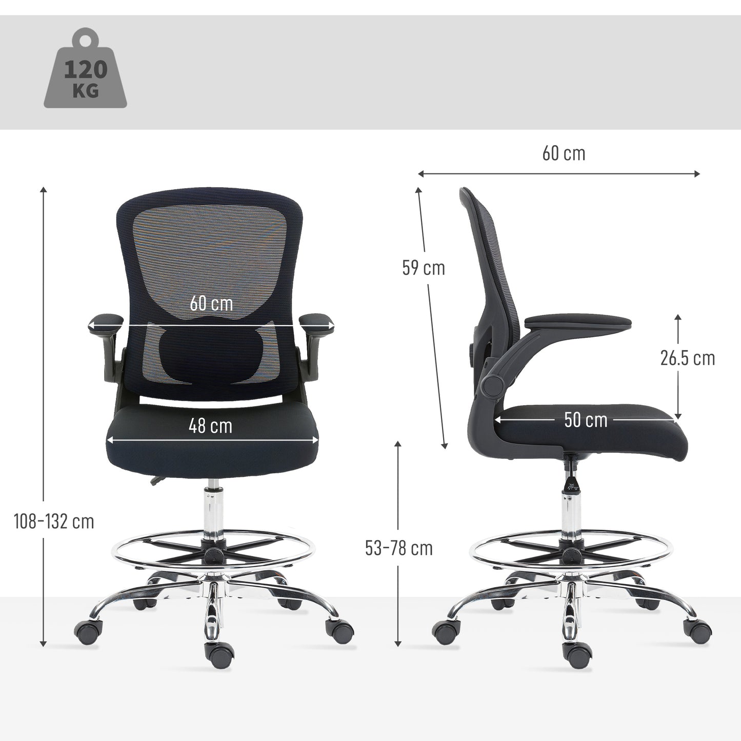 Draughtsman Chair, with Adjustable Lumbar - Black