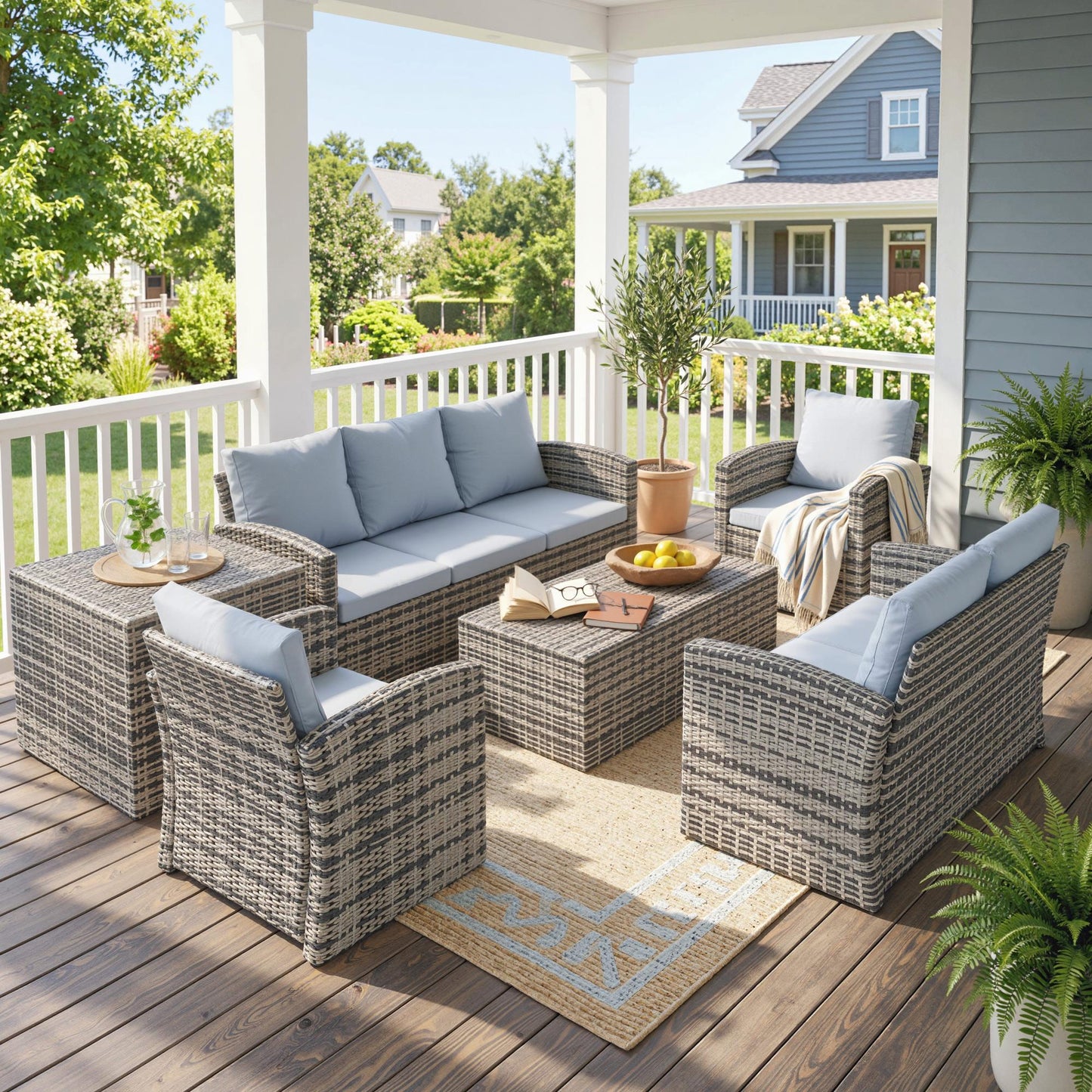 6 Pieces Rattan Garden Furniture Set, 7 Seater Wicker Outdoor Furniture Set with Storage Tea Table & Side Table