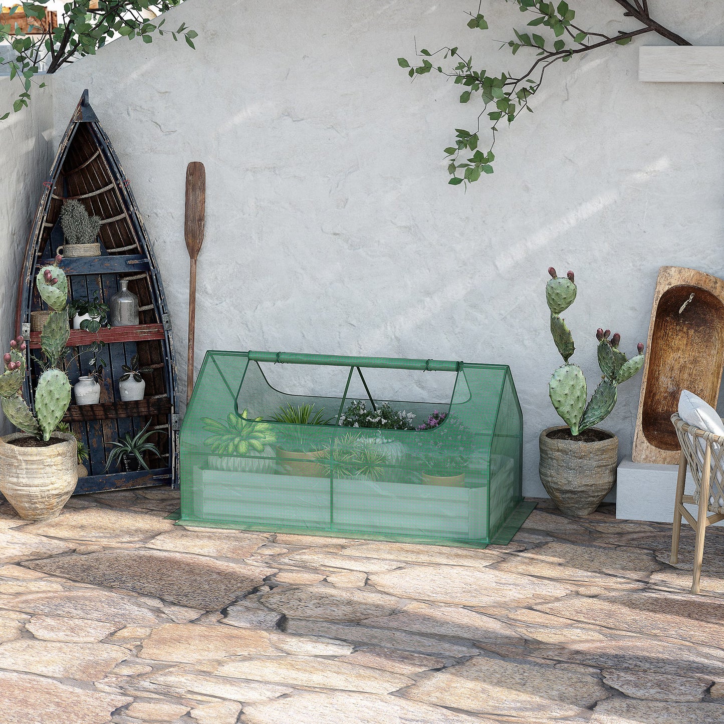 Raised Garden Bed with Greenhouse, Steel Planter Box with Plastic Cover, Roll Up Window, Dual Use for Flowers, Vegetables