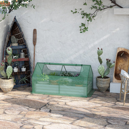 Raised Garden Bed with Greenhouse, Steel Planter Box with Plastic Cover, Roll Up Window, Dual Use for Flowers, Vegetables