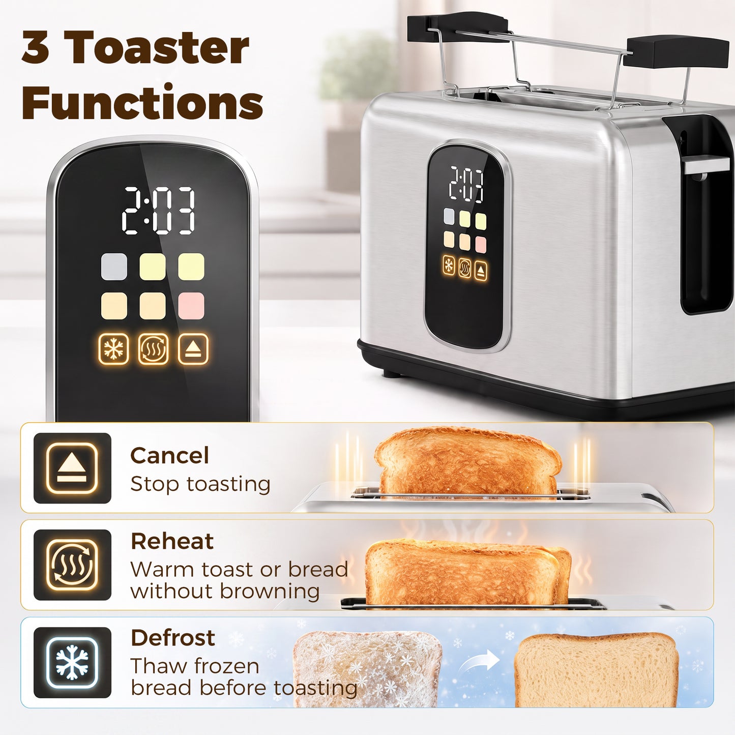 2 Slice Smart Toaster with Touch Screen & LED Countdown, Toaster with Warming Rack, 6 Browning Levels, Memory Function