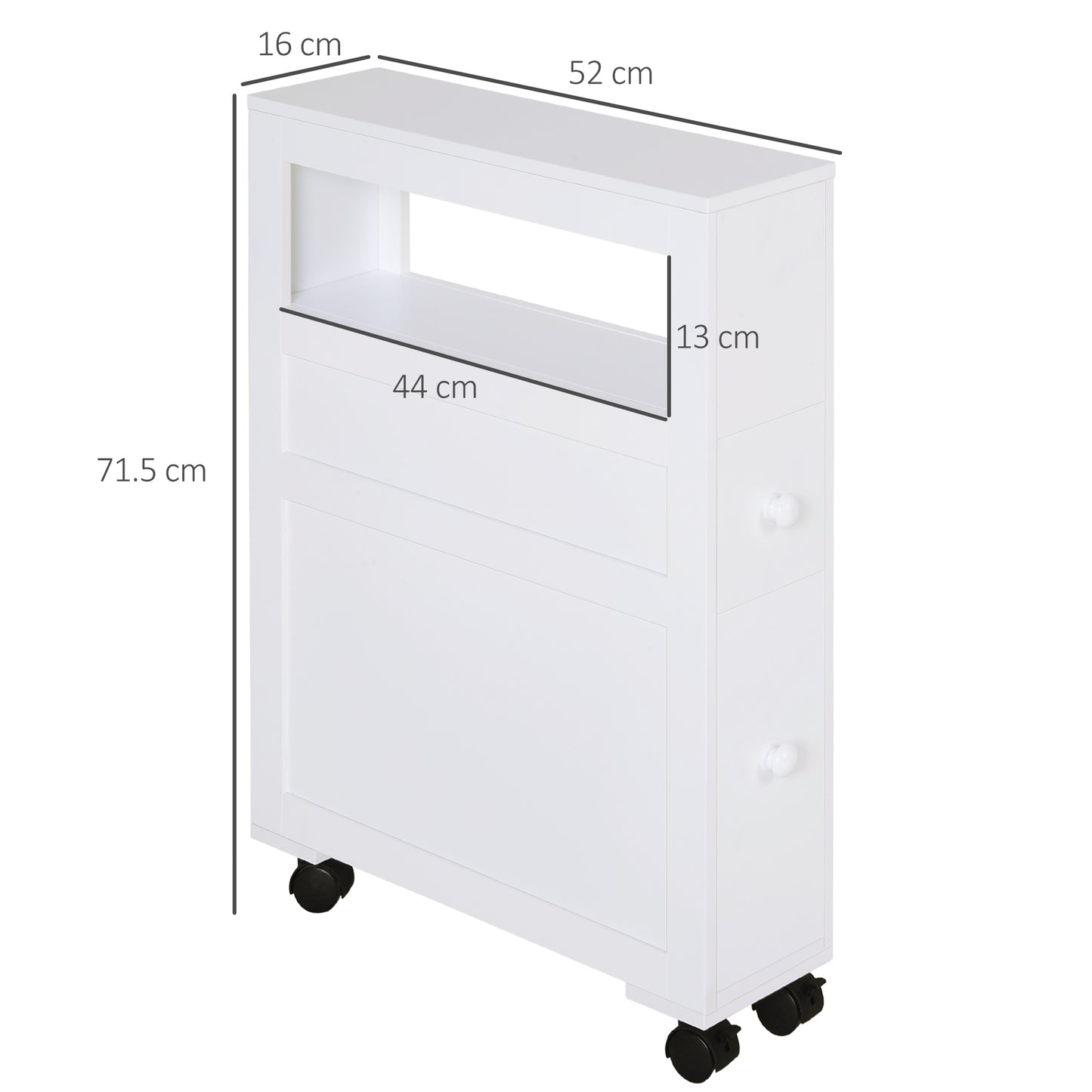 72x16cm Narrow Bathroom Storage Unit w/ 2 Drawers Open Top 4 Wheels Slimline Modern Rolling Home Organisation