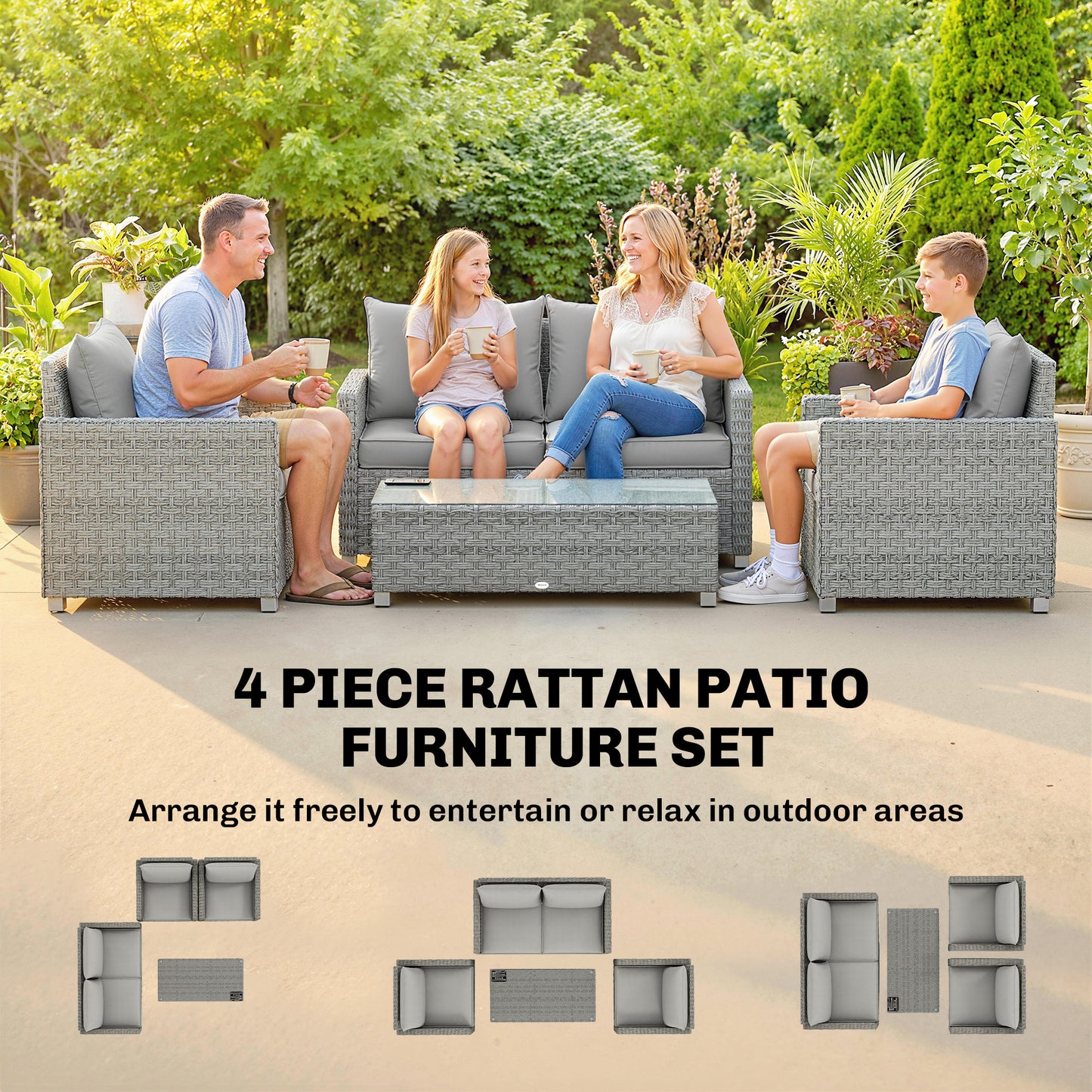 4 Piece Rattan Garden Furniture Set with Loveseat, 2 Armchairs, Glass-Top Table, Wicker Patio Conversation Set, Grey