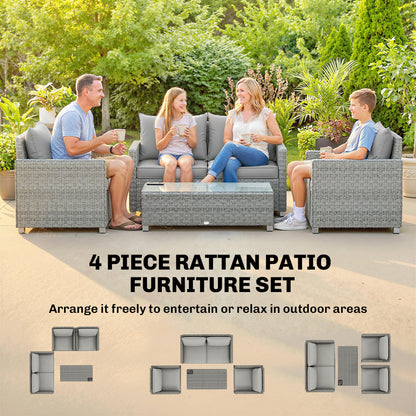 4 Piece Rattan Garden Furniture Set with Loveseat, 2 Armchairs, Glass-Top Table, Wicker Patio Conversation Set, Grey