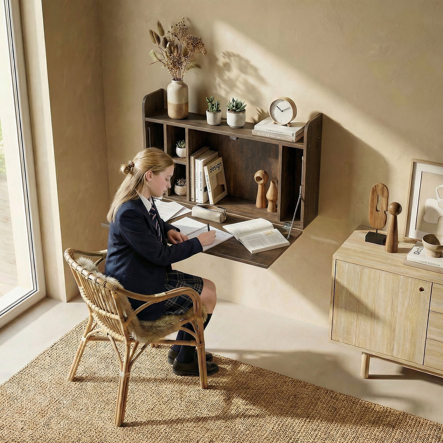 Wall Mounted Desk, Drop Leaf Floating Laptop Desk with Space Saving Storage Compartments for Home Office, Dark Brown
