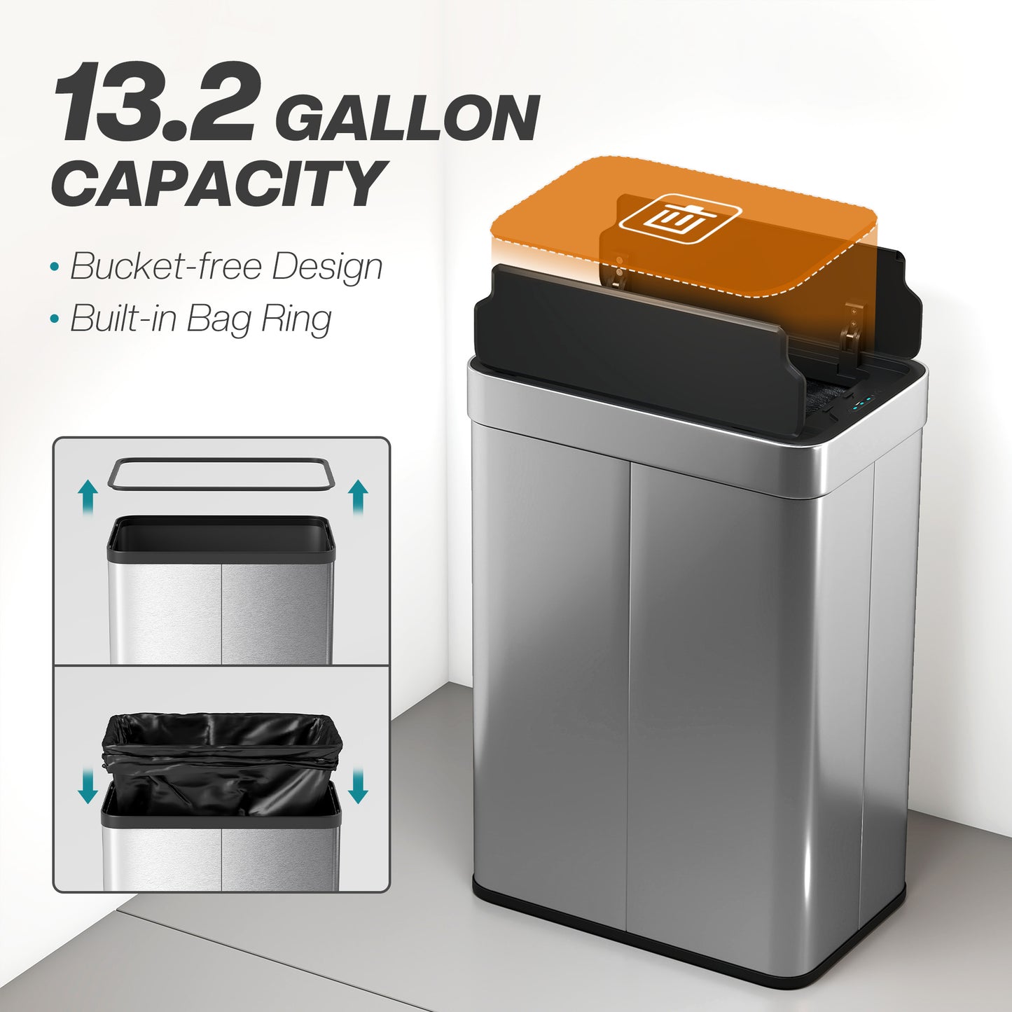55L Sensor Bin, Large Automatic Touchless Rubbish Bin with Soft-Close Lid, Silver Tone