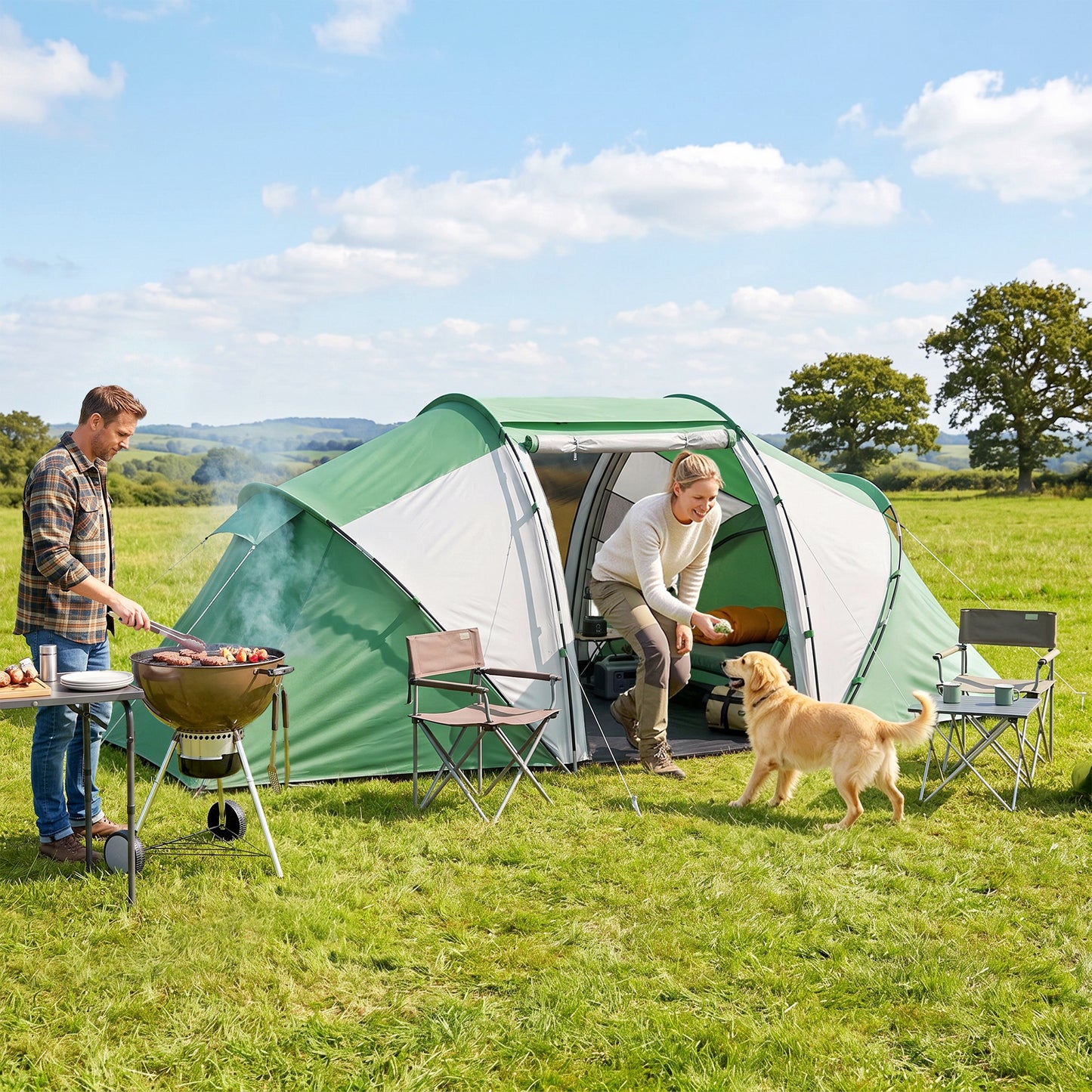 4 Man UV Protection Camping Tent - Green and White