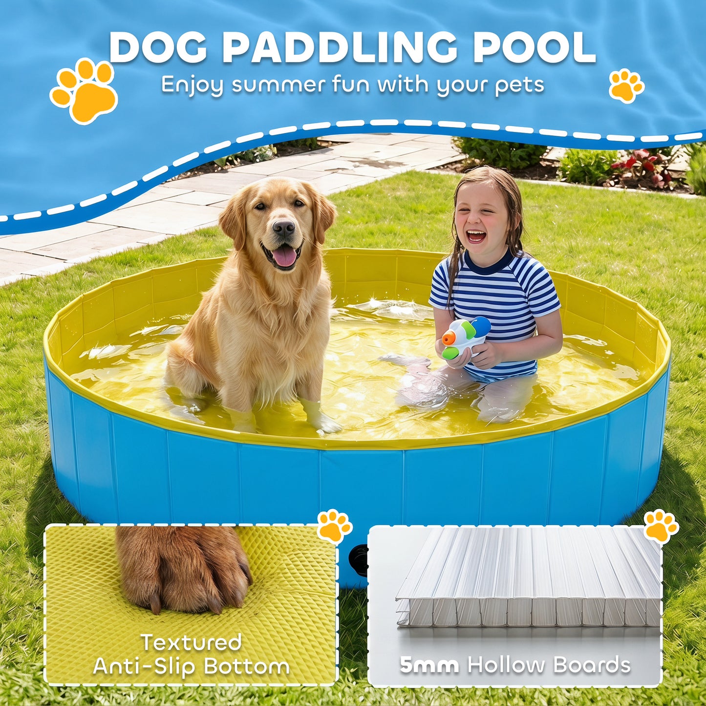 Foldable Dog Pool for Puppies and Ducks Dog Paddling Pool Bath Tub, Blue, 140 x 30cm