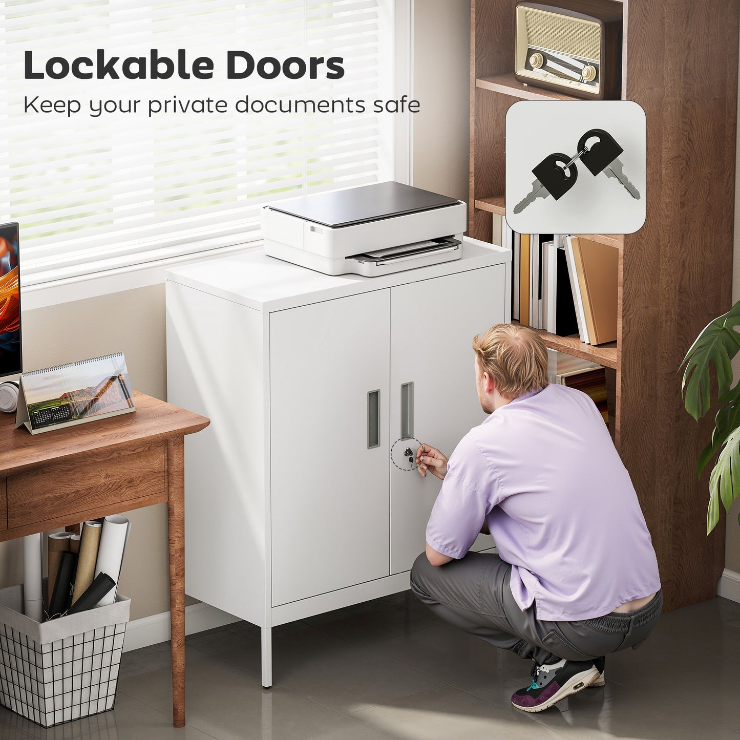 Metal Storage Cabinet with Lock and Adjustable Shelves - White