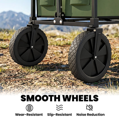 95L Foldable Festival Trolley on Wheels, Collapsible Wagon Cart with Adjustable Handle and 2 Cup Holders, Dark Green