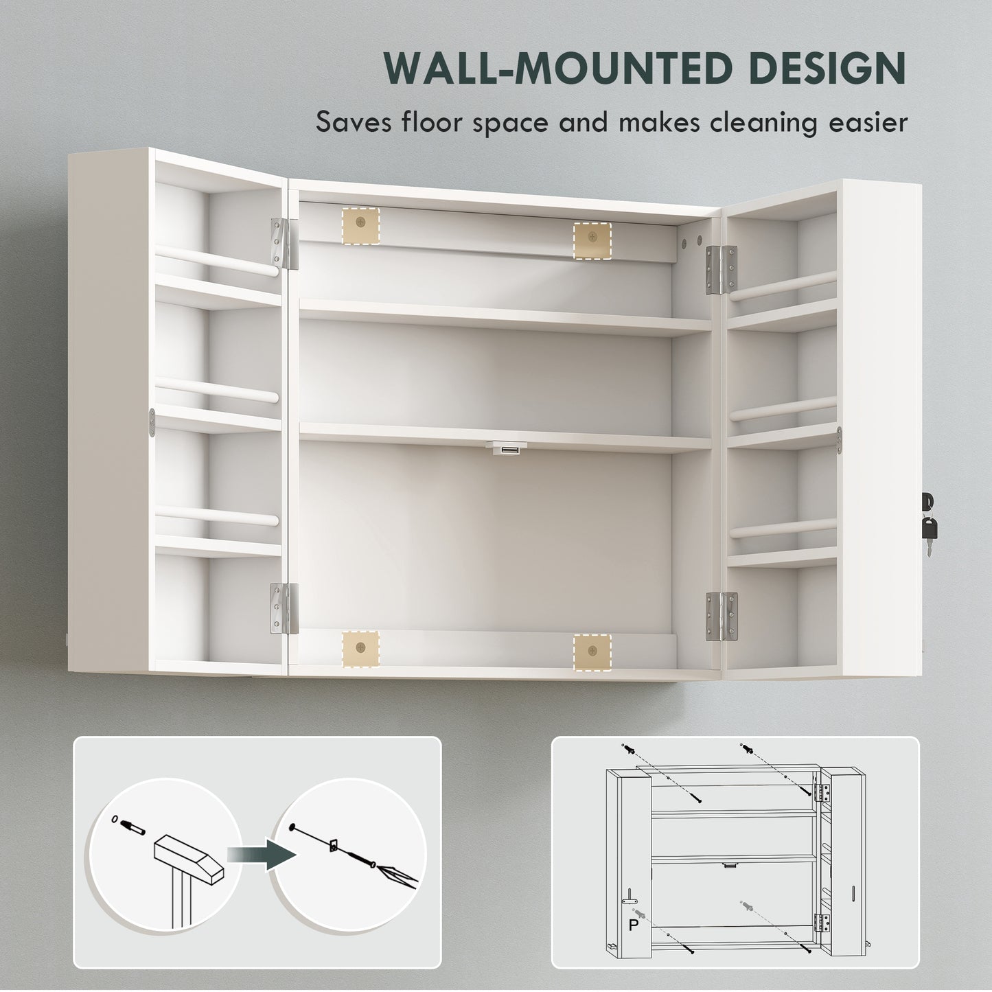Wall Mount Medicine Cabinet with Key Lock, 3 Tier First Aid Cabinet with 2 Doors and 11 Storage Compartments, White