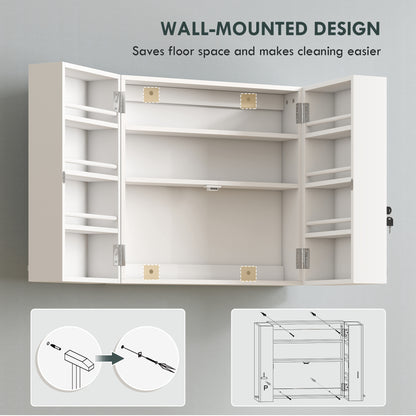 Wall Mount Medicine Cabinet with Key Lock, 3 Tier First Aid Cabinet with 2 Doors and 11 Storage Compartments, White