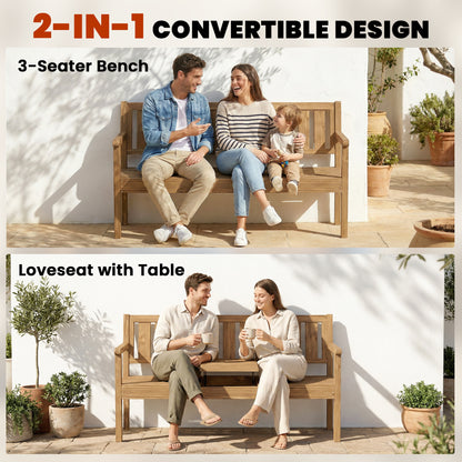 Wooden Garden Bench with Liftable Table & Shelf, 2-3-Seater Outdoor Loveseat with Fir Wood Frame, Teak