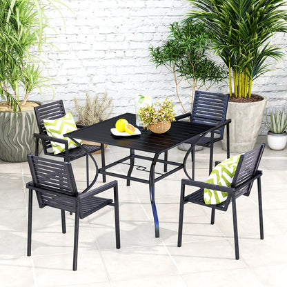 94 x 94 cm Garden Table with Parasol Hole, Outdoor Dining Garden Table for Four with Slatted Metal Plate Top, Black