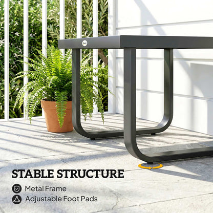 Outdoor Garden Coffee Table, Rectangle Metal Side Table with Tempered Glass Tabletop, Adjustable Foot Pads