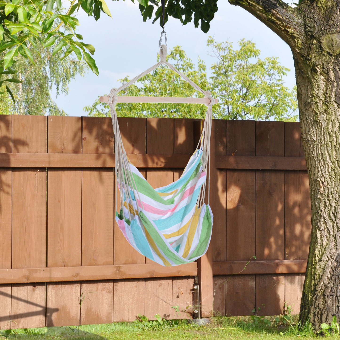 Outdoor Hanging Rope Chair with Cotton Rope, Garden Hammock Chair with Wooden Support Bar Cotton Cloth