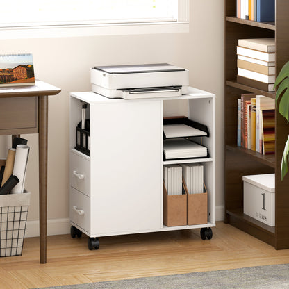 Narrow Mobile Printer Table with Wheels, Rolling Printer Stand with Drawers for Home Office, 30 x 60 x 65 cm, White