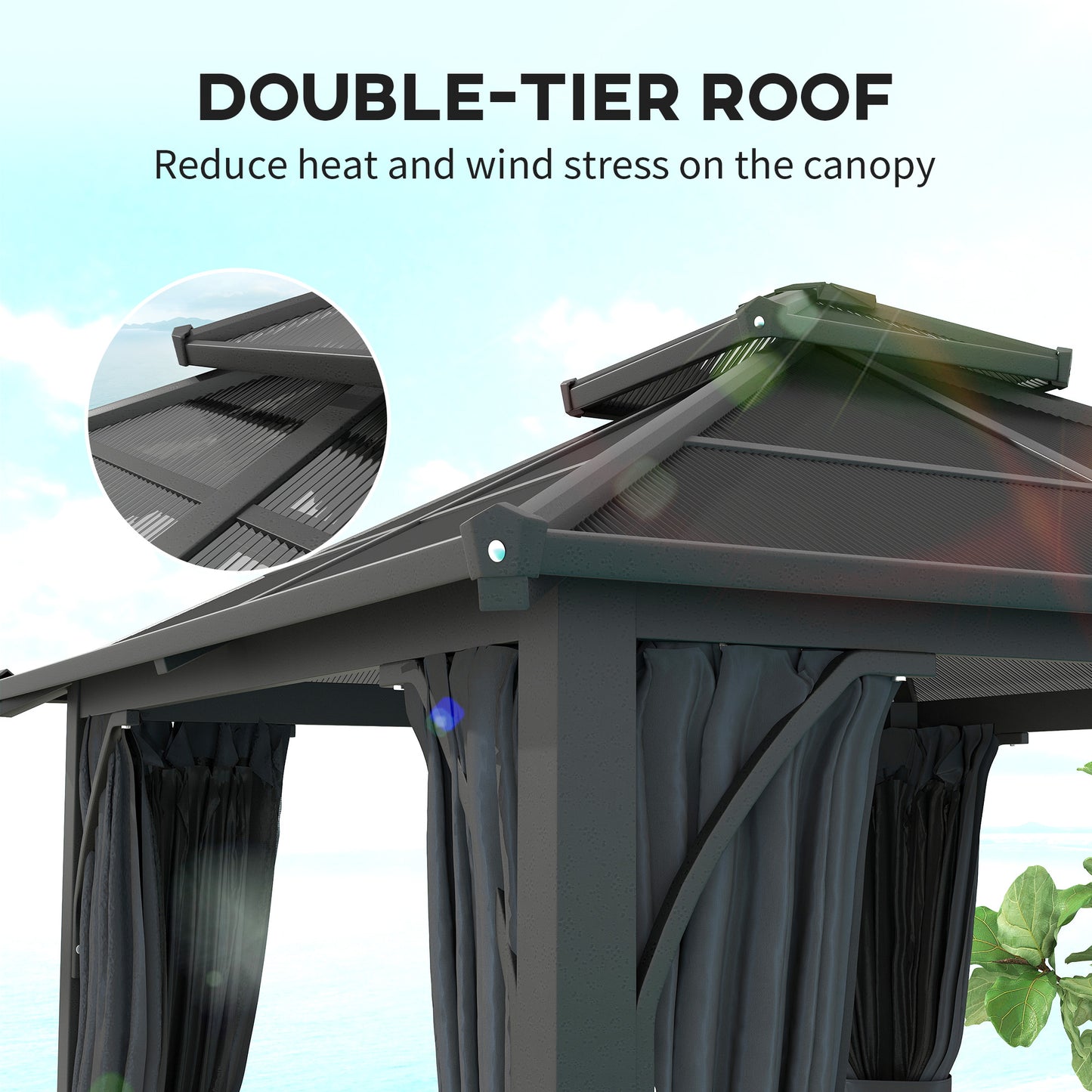 2.5 x 2.5 m Hardtop Gazebo Canopy with 7mm PC Roof, Garden Gazebo Permanent Pavilion with Netting, Curtains, Dark Grey