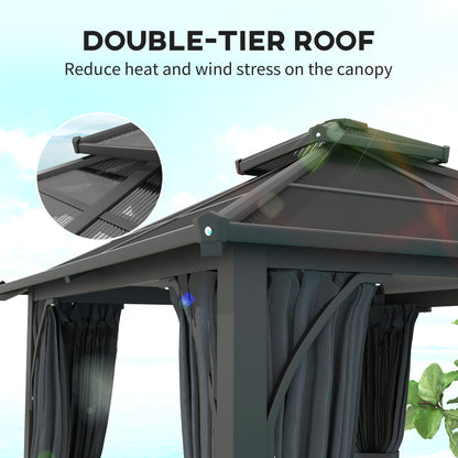 2.5 x 2.5 m Hardtop Gazebo Canopy with 7mm PC Roof, Garden Gazebo Permanent Pavilion with Netting, Curtains, Dark Grey