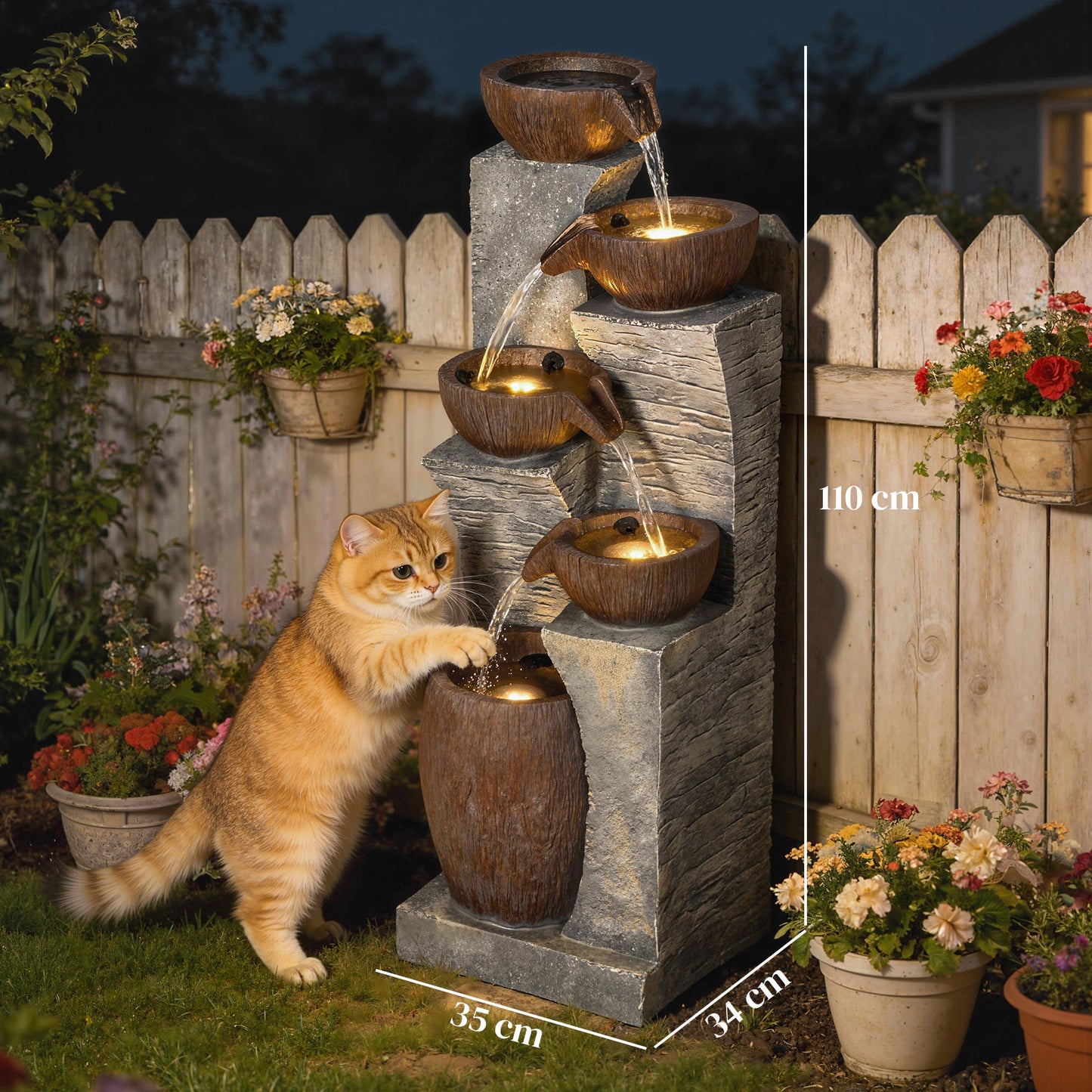 Outdoor Fountain with 5-Tier, Garden Fountain with LED Lights, Adjustable Flow, Grey and Rustic Brown