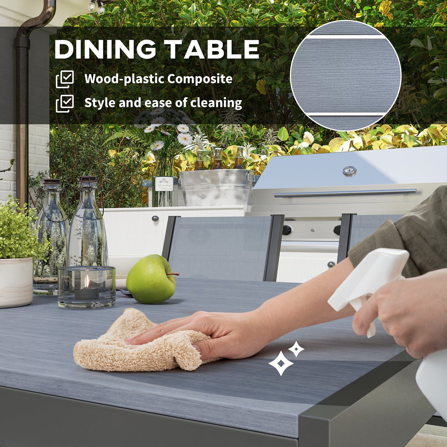Seven-Piece Garden Dining Set, with Plastic Wood-Top Table - Grey