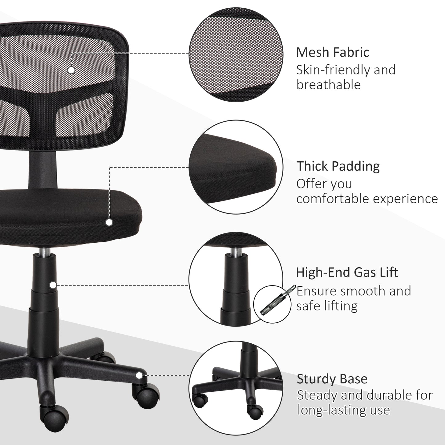 Small Office Chair without Arms, Ergonomic Swivel Mesh Desk Chair with Curved Back and Wheels, Height Adjustable